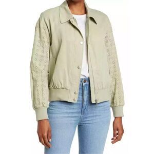 7 For All Mankind Embroidered Eyelet Sleeve Bomber Jacket Green Size Medium